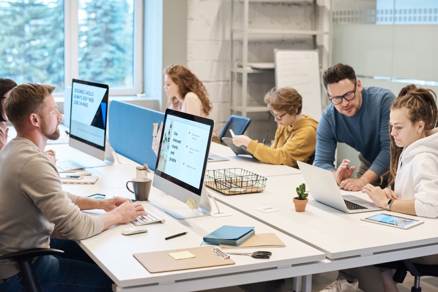 A bright open office with a team at their screens
